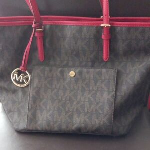 Michael Kors Brown MK Monogram Tote with Red Trim and Gold Charm